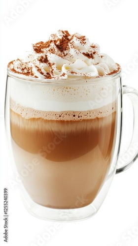 Foamy cappuccino served in a clear glass, showcasing layers of rich coffee and creamy milk