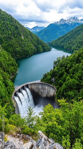 Stunning view of a dam surrounded by lush greenery and mountains under a cloudy sky by a serene lake