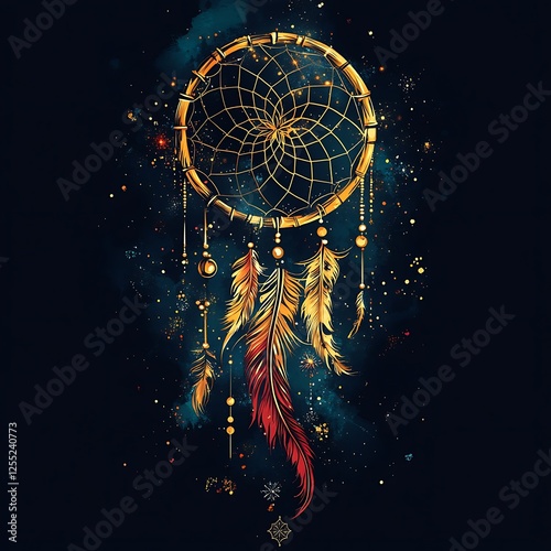 Golden dream catcher, abstract art, spiritual design, decorative element photo