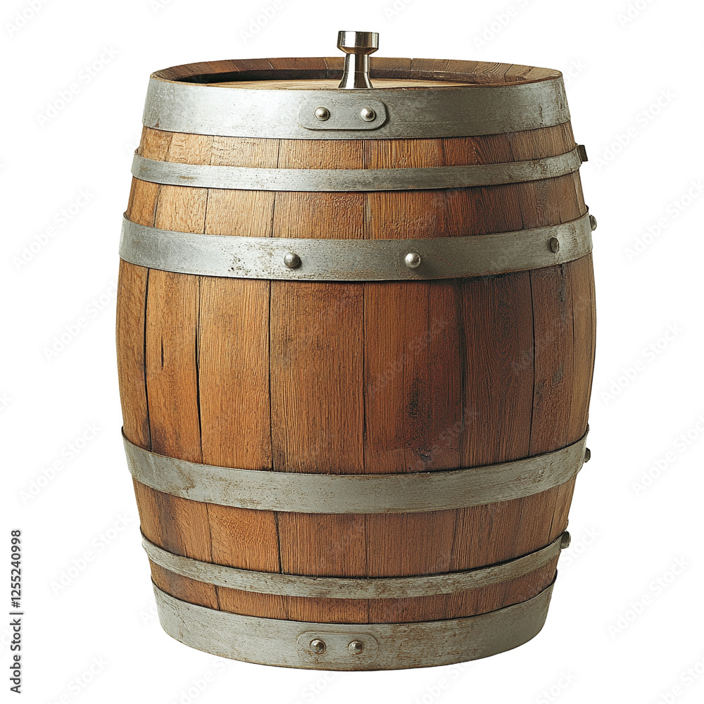 Fototapeta premium Rustic Vintage Wooden Barrel with Metal Hoops and Tap for Authentic Beverage Storage and Home Décor
