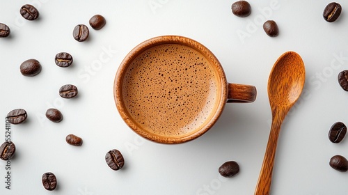 A cozy wooden cup filled with steaming coffee surrounded by coffee beans