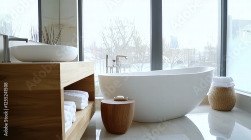 Luxurious spainspired bathroom with freestanding tub and natural light photo