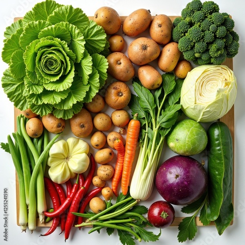 Lush veggies artfully arranged on a rustic wooden cutting board atop a pristine white surface; vibrant hues of cabbage, potatoes, and carrots create an inviting culinary tableau photo