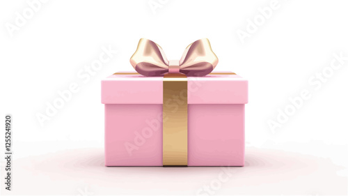 A digitally rendered image showcasing a square, pale pink gift box adorned with a gold ribbon and a matching gold bow. The box is presented against a plain white backdrop, exhibiting a clean,