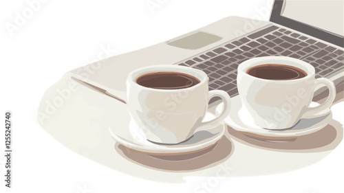 Close-up shot of two white coffee cups and saucers positioned on a light-colored surface in front of a silver laptop. The cups are filled with dark brown coffee, showing subtle reflections of light.