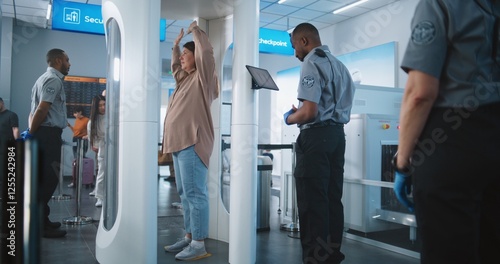 Airport Terminal: Diverse People Passing Through Metal Detector Scanner. African American Security Officer Checks Passengers on Tablet Computer for Boarding Flight. Travelers Going on Vacation Trips. photo