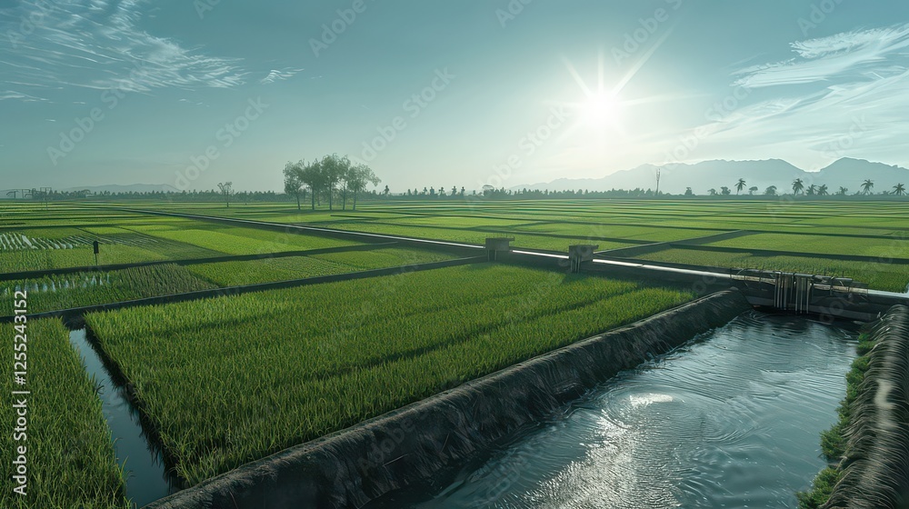 Naklejka premium A field of green grass with a river running through it