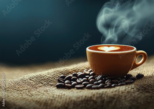 Warm cup of coffee with heart-shaped latte art on a bed of coffee beans