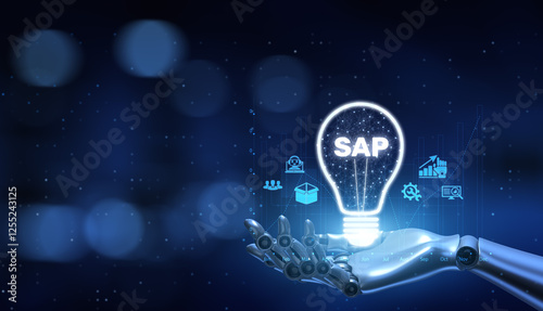 SAP Systems Applications and Products Illustrated with a Robot Hand Pressing a Button on a Virtual Screen. 3D render.