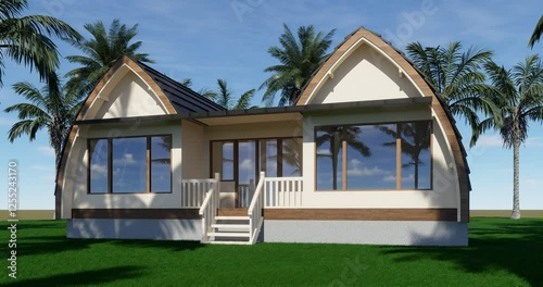 3D rendering animation of a wooden house used as a homestay, hotel, holiday, camping exotic lodging in the forest. Indonesian traditional house.