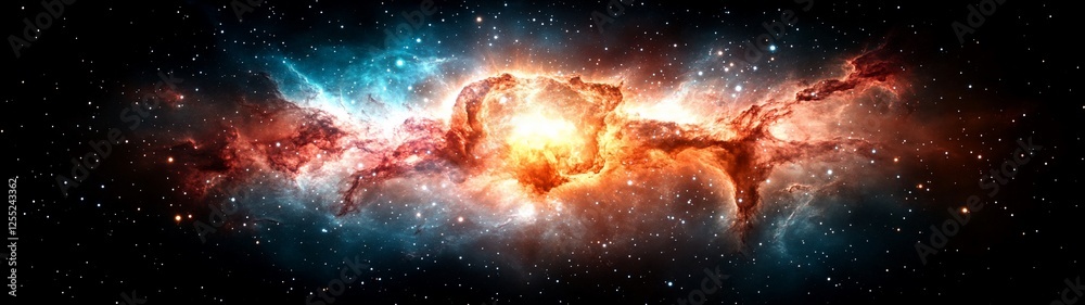 Obraz premium Cosmic Nebula Space Background Red Orange Blue Glowing Starscape Stellar Cloudscape Astronomy Universe