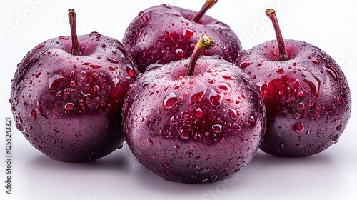 Freshly washed red plums with droplets, showcasing vibrant colors and textures