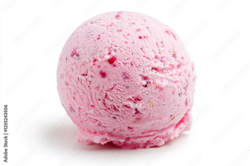 A vibrant raspberry ice cream ball rests elegantly on a crisp white background, inviting sweet cravings A vibrant raspberry ice cream ball rests elegantly on a crisp white background, inviting sweet cravings