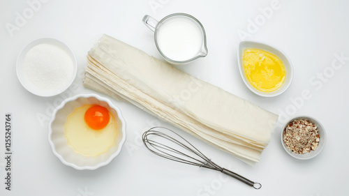 Ingredients, phyllo dough, egg, butter, nuts, and milk for baking Crinkle Cake photo