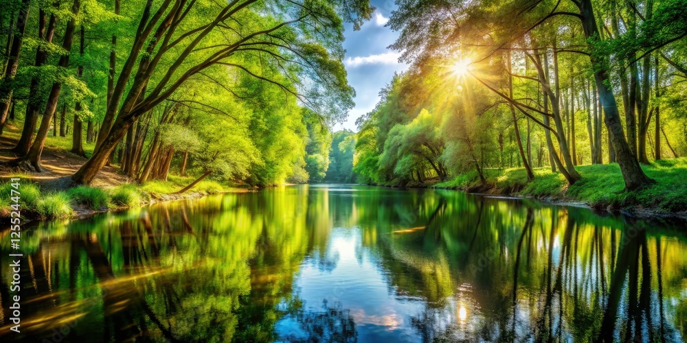 Panoramic view: a river, forest mirrored, nature's breathtaking artistry captured. Panoramic view: a river, forest mirrored, nature's breathtaking artistry captured.
