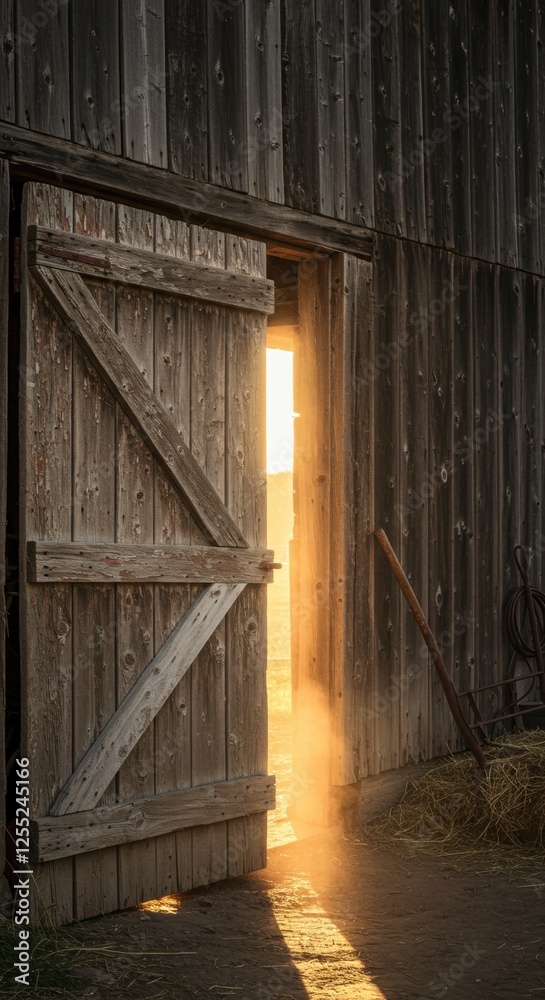 Sunlight streaming through rustic barn door at dusk: warm, inviting farm scene with golden light