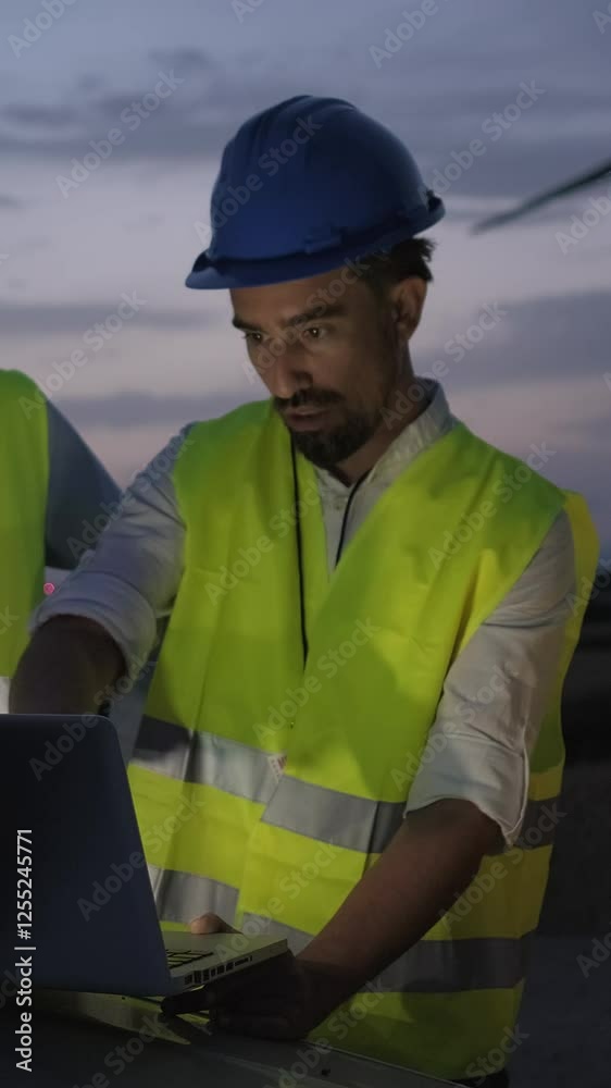 Engineer using laptop on rooftop at dusk Engineer using laptop on rooftop at dusk