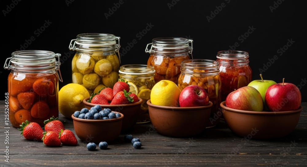 Fresh and pickled fruits in jars with apples and berries on rustic wooden table