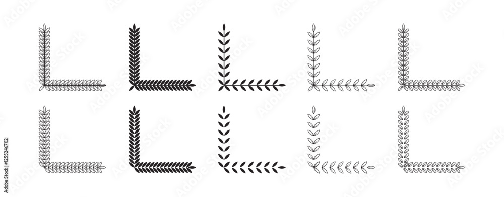 Elegant Laurel Wreath Corner Frame Floral Vector Design on White Background – Isolated Gold Laurel Leaves Border Set. Elegant Laurel Wreath Corner Frame Floral Vector Design on White Background – Isolated Gold Laurel Leaves Border Set.