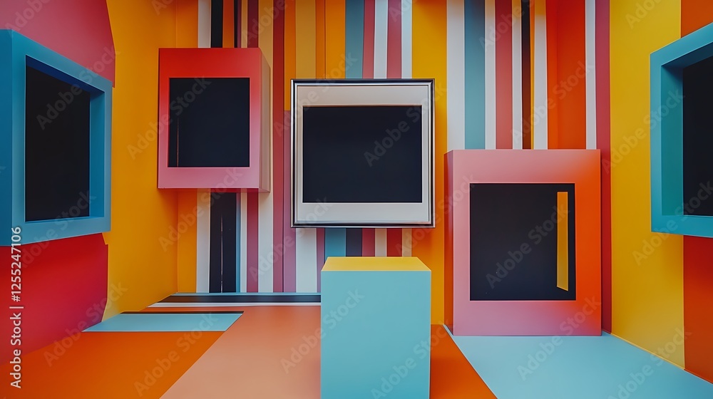 Colorful abstract display room with empty frames and geometric shapes. Possible use for product display or interior design inspiration Colorful abstract display room with empty frames and geometric shapes. Possible use for product display or interior design inspiration