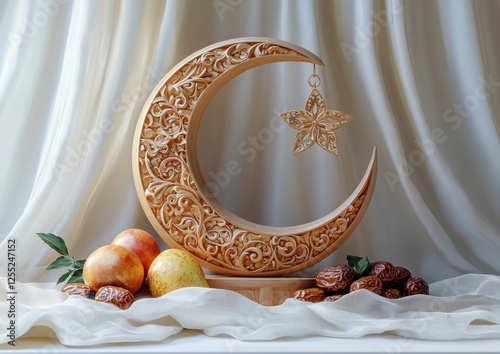 Ornately carved crescent moon with star hanging, surrounded by fruits and dates