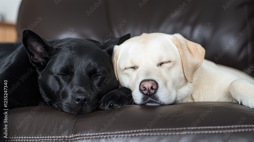 Two dogs sleeping cuddled on couch. Use for pet adoption, animal love, family Two dogs sleeping cuddled on couch. Use for pet adoption, animal love, family