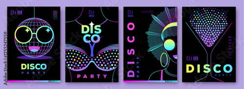 Set of retro futuristic disco party posters, covers or banners with disco ball. Fluorescent disco background. Flat design. Vector illustration