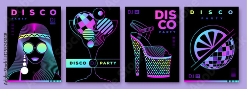Set of retro futuristic disco party posters, covers or banners with disco ball. Fluorescent disco background. Flat design. Vector illustration
