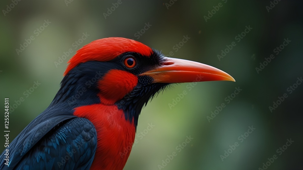 Fototapeta premium Striking Close-Up of a Colorful Bird: Vibrant Red and Black Plumage Showcasing Nature's Beauty