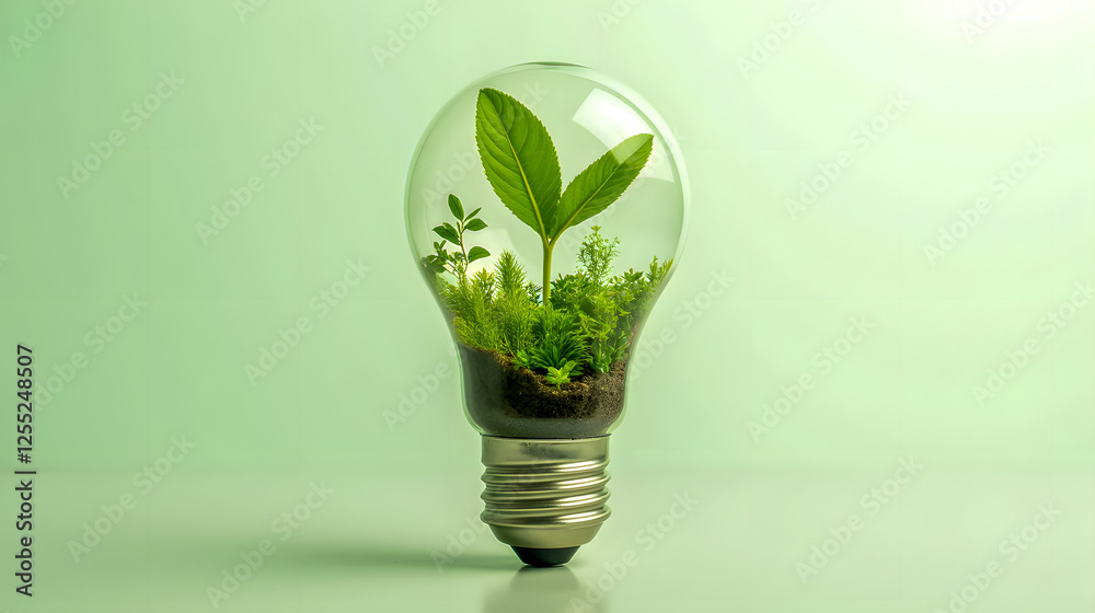 Eco-friendly light bulb with green plants symbolizing sustainability, innovation, and environmental consciousness in a modern design Eco-friendly light bulb with green plants symbolizing sustainability, innovation, and environmental consciousness in a modern design