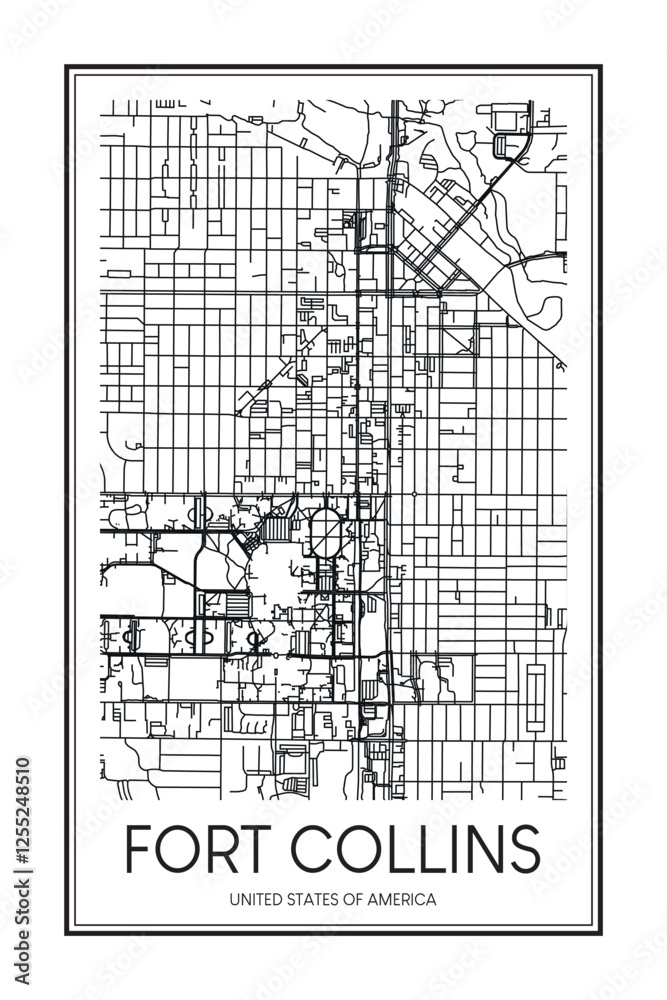 Obraz premium Printable downtown road map poster of the USA city of FORT COLLINS on solid white background with city name