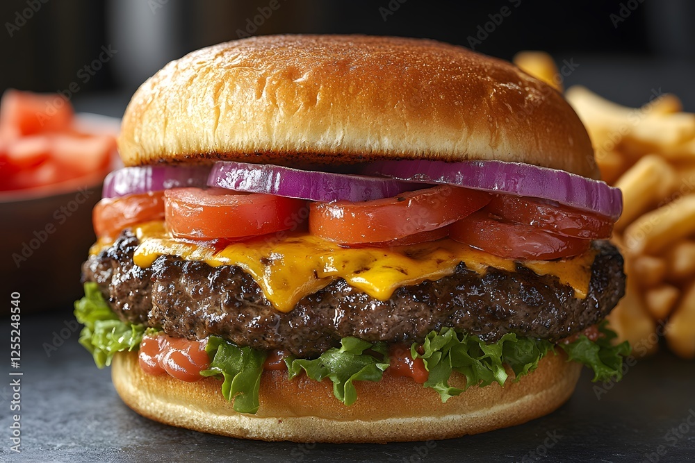 Delicious Grilled Cheeseburger with Fresh Veggies and Fries for Food Lovers Delicious Grilled Cheeseburger with Fresh Veggies and Fries for Food Lovers