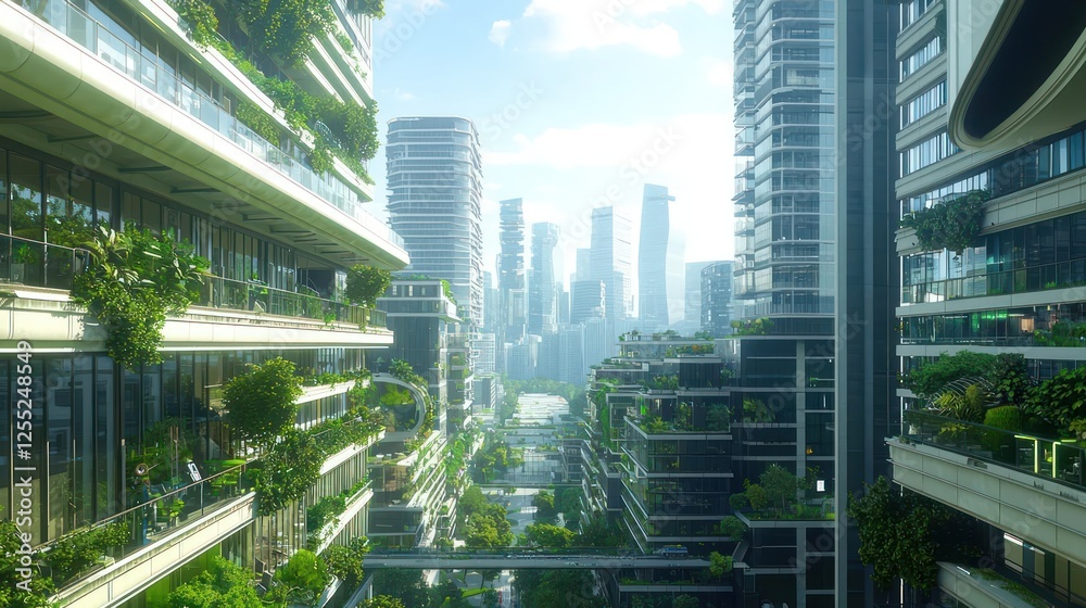 Obraz premium Vertical Cityscape With Lush Greenery