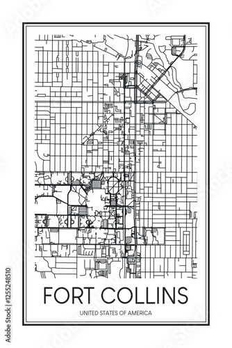 Printable downtown road map poster of the USA city of FORT COLLINS on solid white background with city name