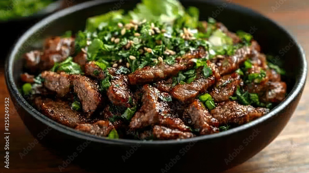 Beef bowl, sesame, greens, table, kitchen, food photography Beef bowl, sesame, greens, table, kitchen, food photography