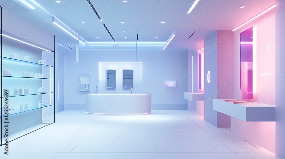 Modern, minimalist restroom with neon lights. Potential for use in design magazine Modern, minimalist restroom with neon lights. Potential for use in design magazine