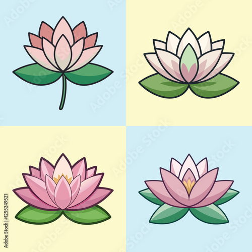 Illustration of Water Lily Flowers in Four Styles - A tranquil illustration of four variations of water lily flowers in soft pink and white hues with green leaves.

