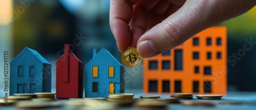 Investment strategy, hand placing cryptocurrency coin on miniature houses, symbolizing real estate market, financial growth, blockchain innovation, and digital currencies.