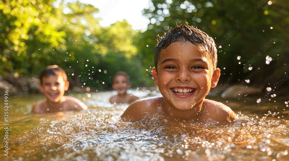 Children playing in a creek, joyful, sunny day, outdoor fun