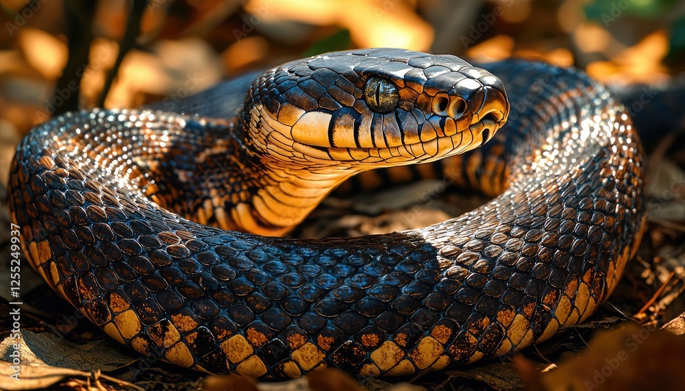 A Striking Black And Gold Snake Coiled On The Forest Floor A Striking Black And Gold Snake Coiled On The Forest Floor