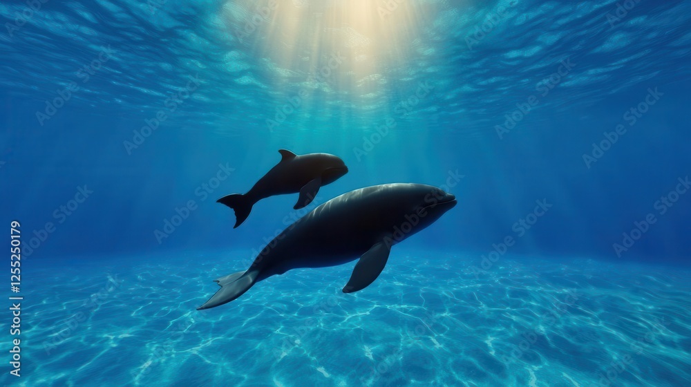 Obraz premium World Whale Day concept, Two dolphins gracefully swimming underwater in a serene ocean environment. 3D render