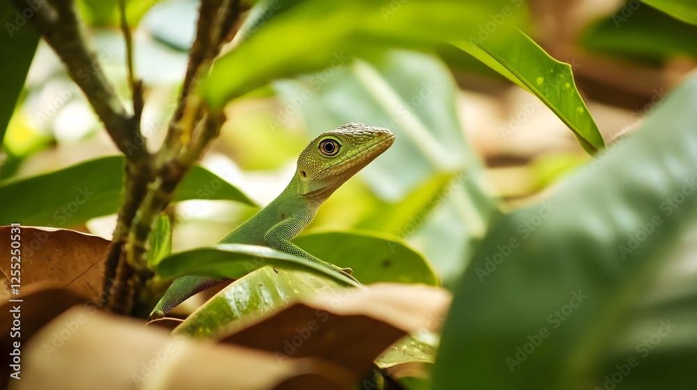 A tropical jungle scene with a tiny anole lizard camouflaged among the leaves. A tropical jungle scene with a tiny anole lizard camouflaged among the leaves.