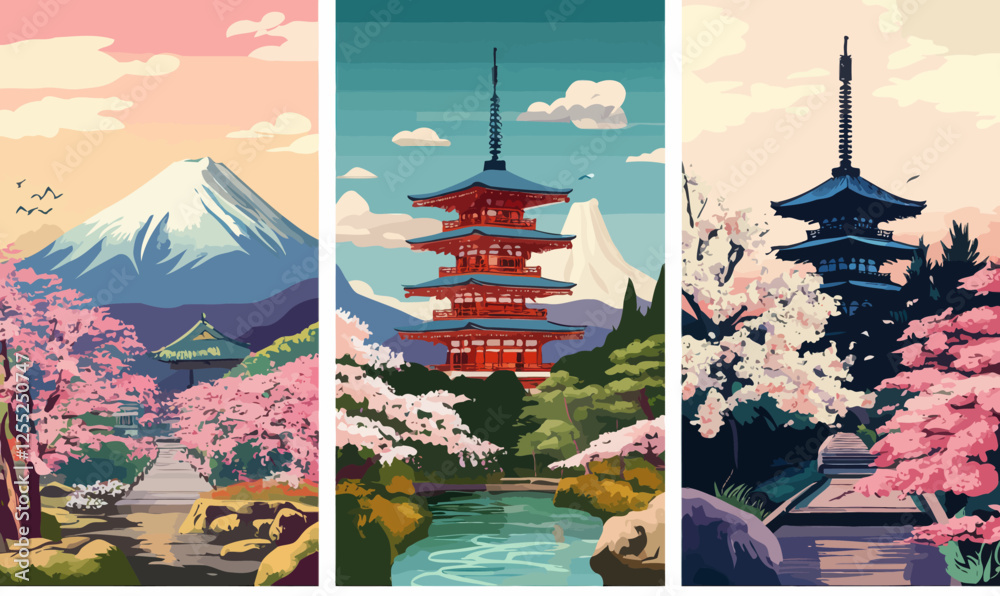 Fototapeta premium Retro Style Japan Travel Posters: Osaka, Kyoto, Fuji, Sakura Illustrations