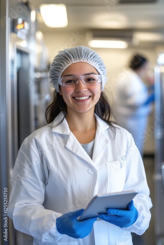 Laboratory technician smiling while using a tablet in a modern lab environment, focused on research and quality control in biotechnology or pharmaceutical industry.