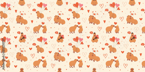 Seamless Valentine's Day Pattern with Cute Capybaras. Vector