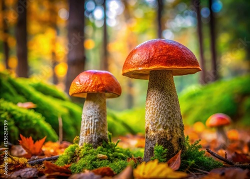 Stunning close-up reveals twin Leccinum versipelles, birch boletes, showcasing their exquisite detail in a food photography masterpiece. photo