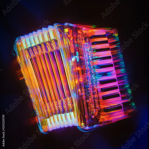 fluorescent harmonica floating in the air abstractly