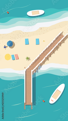 Scenic Birds Eye View of Beach with Pier and Boats Vector Illustration