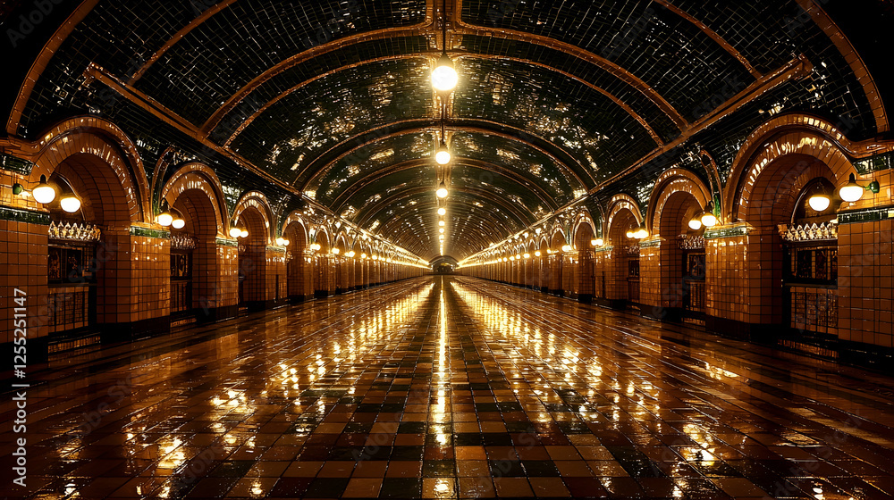 Obraz premium Illuminated tiled hallway, arched ceiling, reflective floor, night. Architecture use