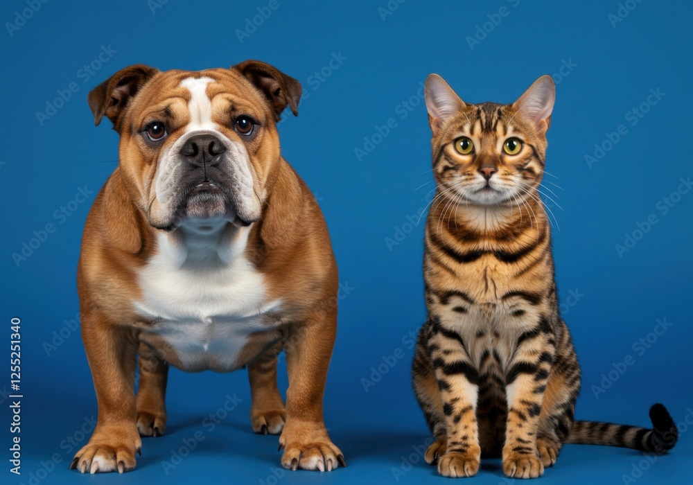 Obraz premium Head shot of English Bulldog and bengal cat side by side looking at the camera on an blue background